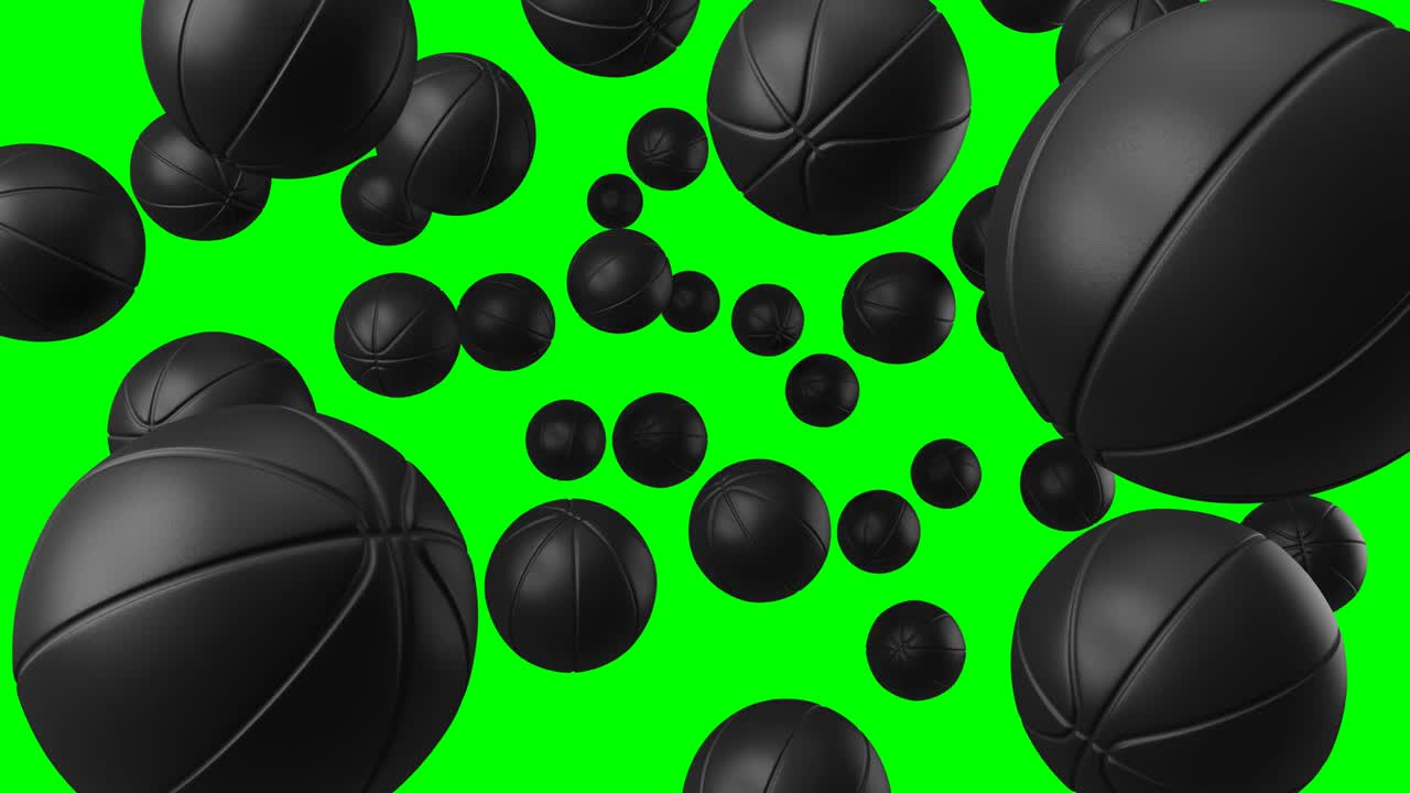 Many black basketball balls on green chroma key. Loop able 3d animation for background.