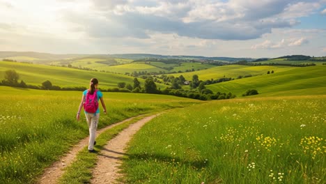 a serene journey through lush green landscapes: embracing nature and peace on a trail beneath a beautiful sky