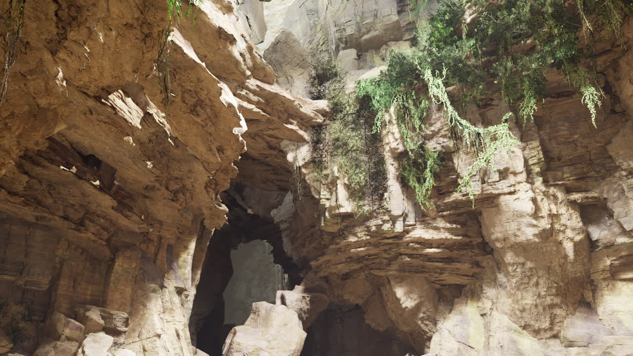 Explore unique rock formations and lush greenery in a captivating cave setting