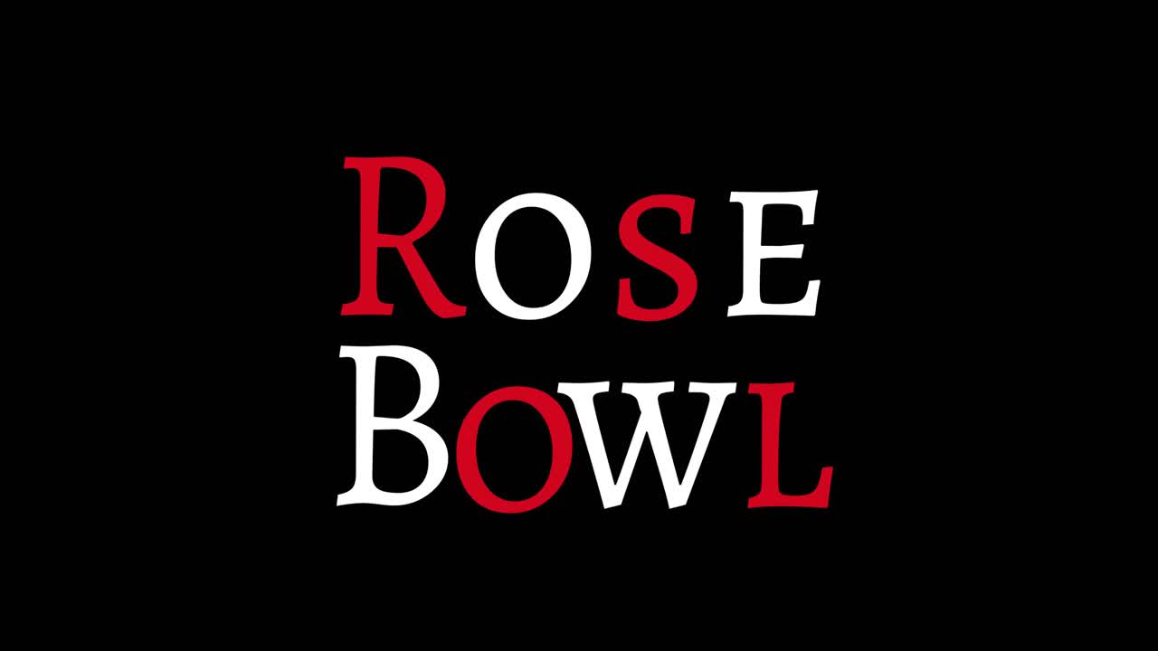 Animazione del testo "Rose Bowl" con lettere rosse e bianche, su sfondo nero.