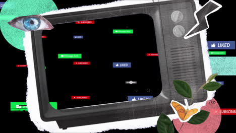 social media notifications animation over vintage television screen with collage elements