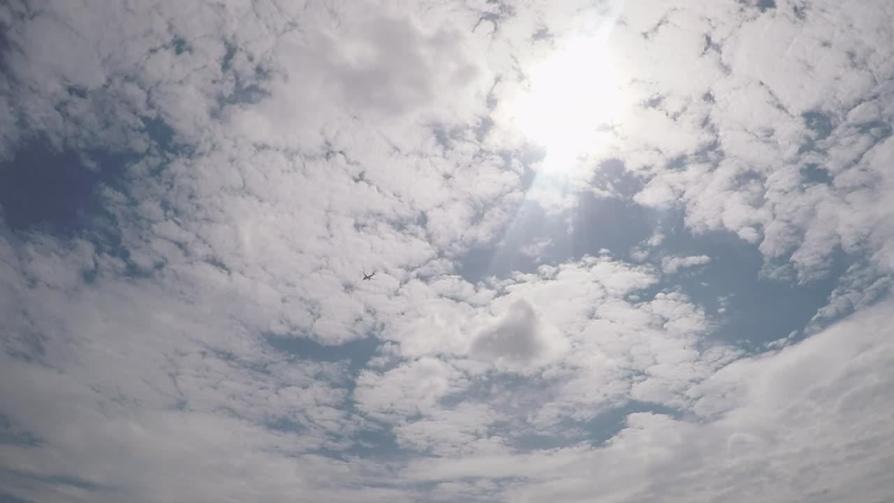 밝고 화창한 날 머리 위로 날아가는 비행기