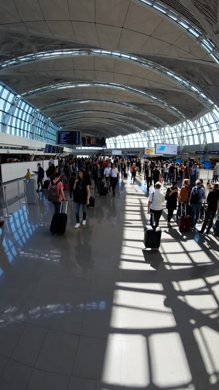 Wide-angle shot of a bustling airport terminal with travelers and luggage, capturing dynamic