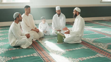 Muslim,-religion-and-people-in-mosque-for-learning