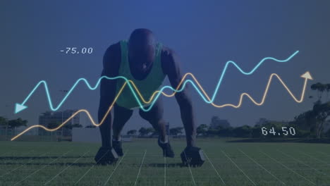 mature man performing push-up on grassy field, displaying fitness metrics and grid overlays
