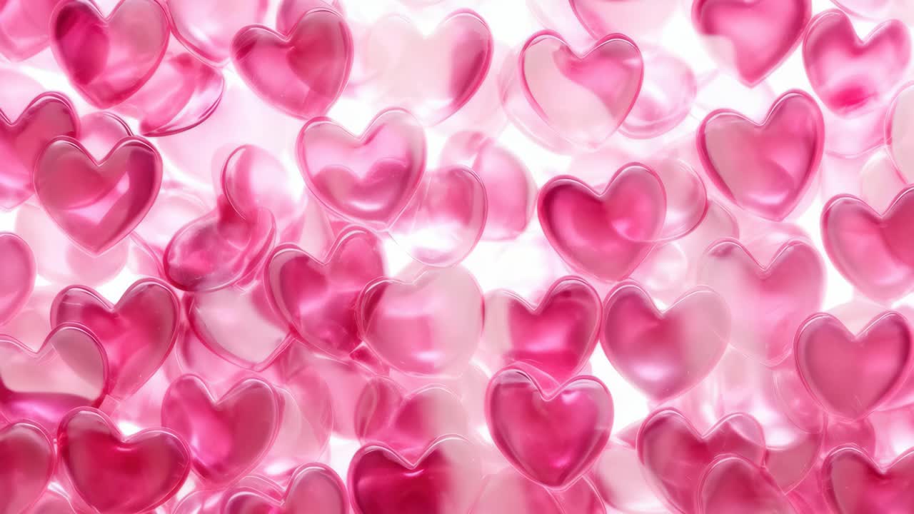 Aerial view of translucent pink heart shapes scattered on a white background, creating a romantic