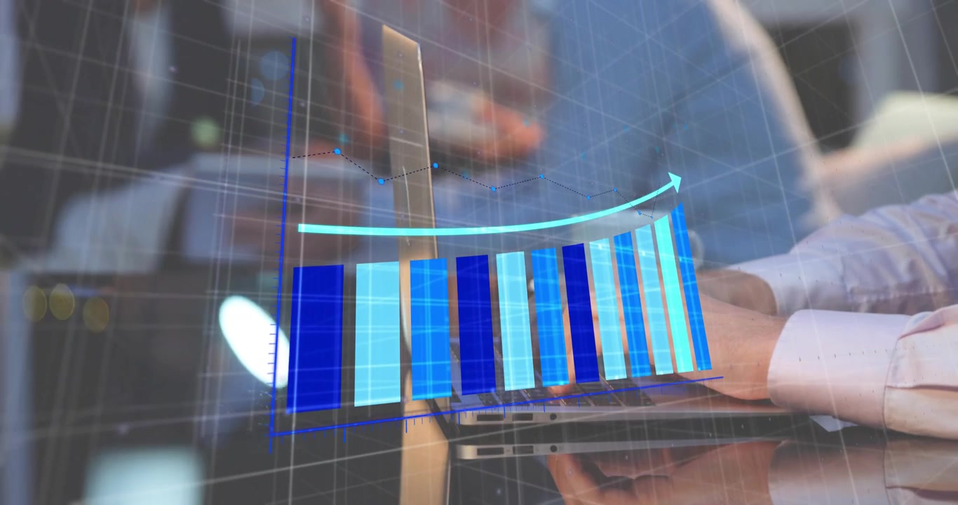 Mature man in office typing laptop grid fading bars rising arrow tracing upward on financial chart