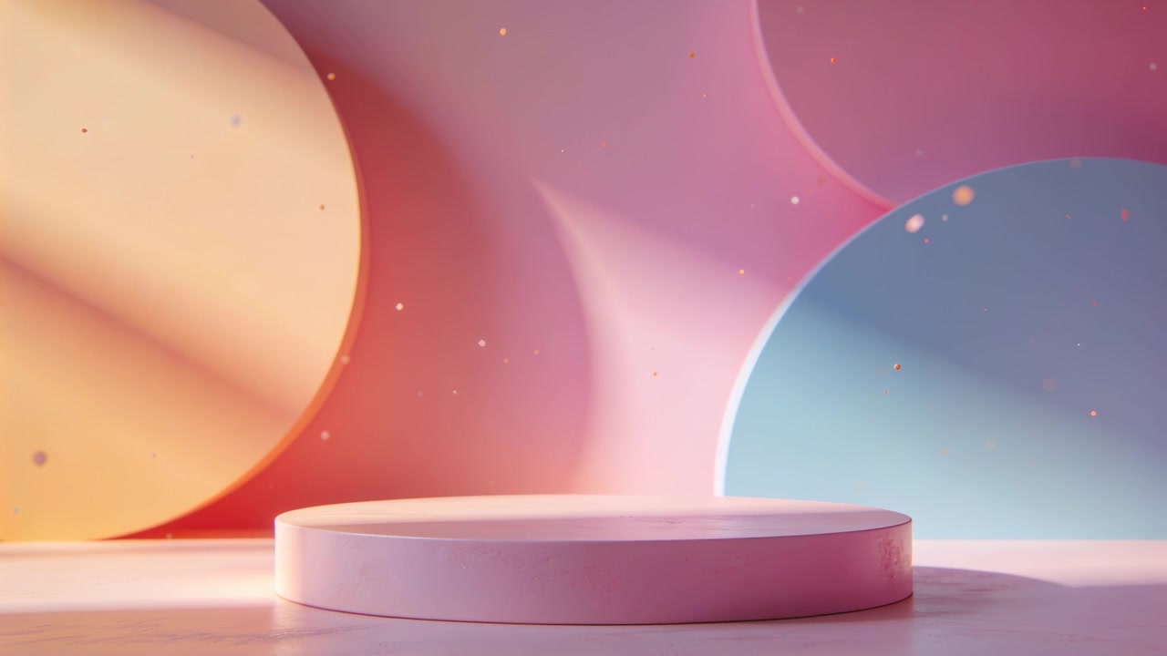 Abbassamento di un podio rosa su un set pastello in scena, con luce cangiante e particelle che rivelano il prodotto.