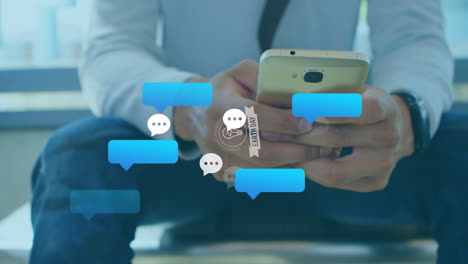 Animation of earth day and social media reactions over caucasian businessman using smartphone