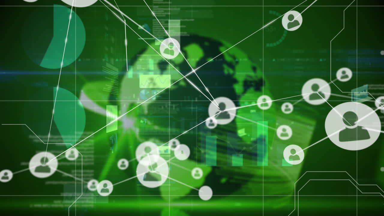 연결된 사람들의 아이콘의 애니메이션으로 움직이는 데이터와 정보가 회전하는 지구를 가로지르고 있습니다.