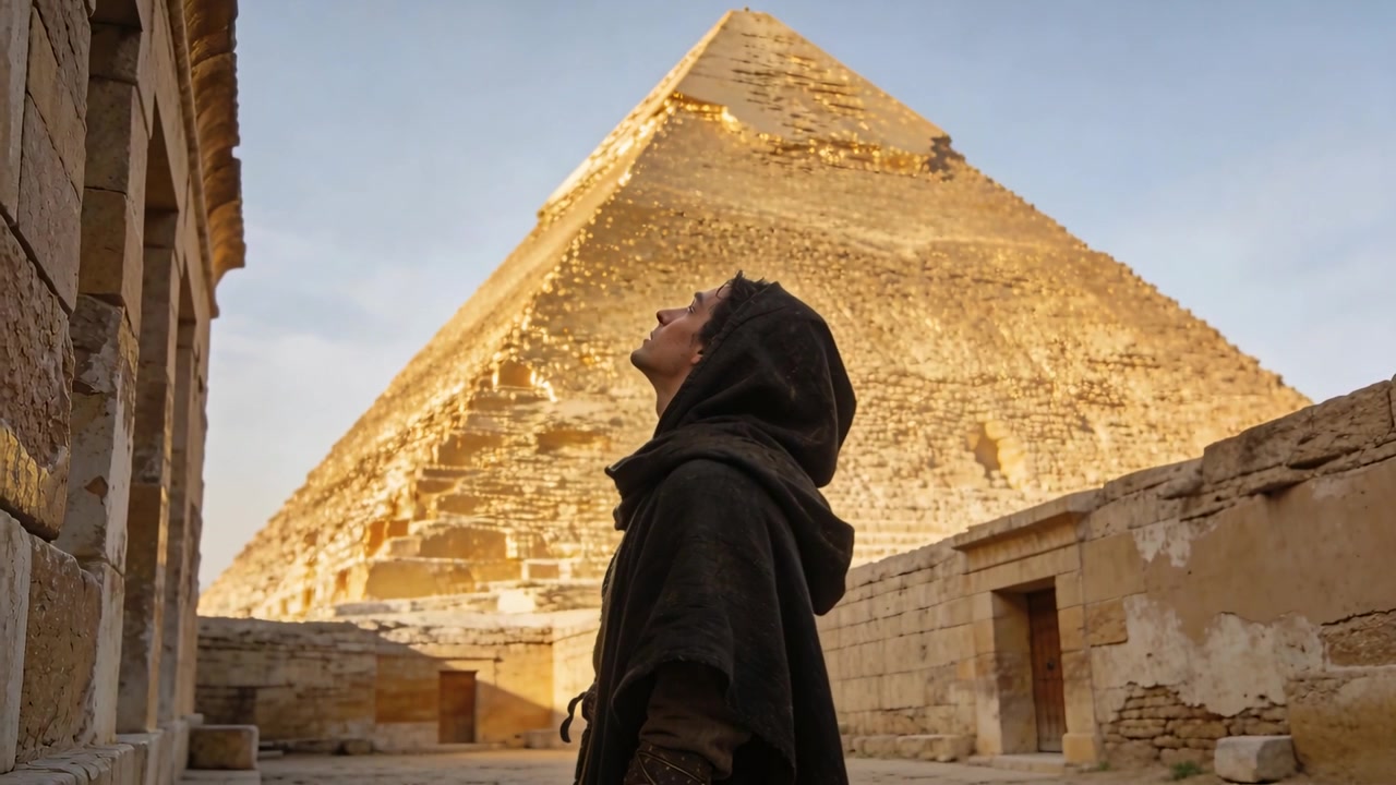 Donna che inclina la testa con mantello incappucciato, seguendo la calda luce del sole che illumina la Grande Piramide nel cortile