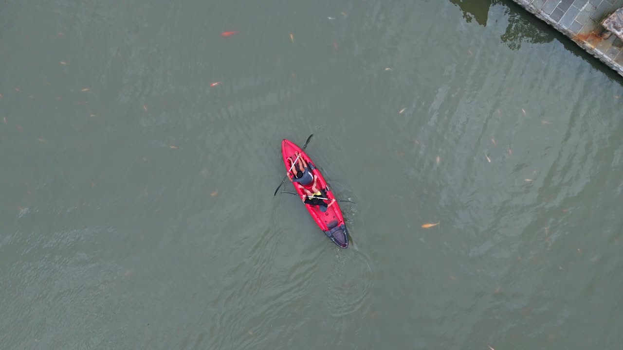 Ripresa dall'alto di un kayak rosso che naviga in acqua torbida con carpe koi visibili che nuotano intorno.