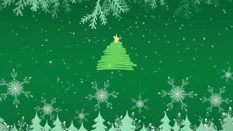 Animation-of-snow-falling-over-christmas-tree-on-green-background