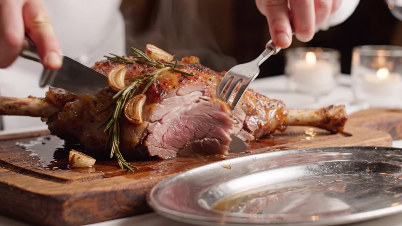 Una deliziosa presentazione di cosciotto d'agnello arrosto lentamente con aglio aromatico e rosmarino, perfettamente intagliato per un'esperienza culinaria gourmet