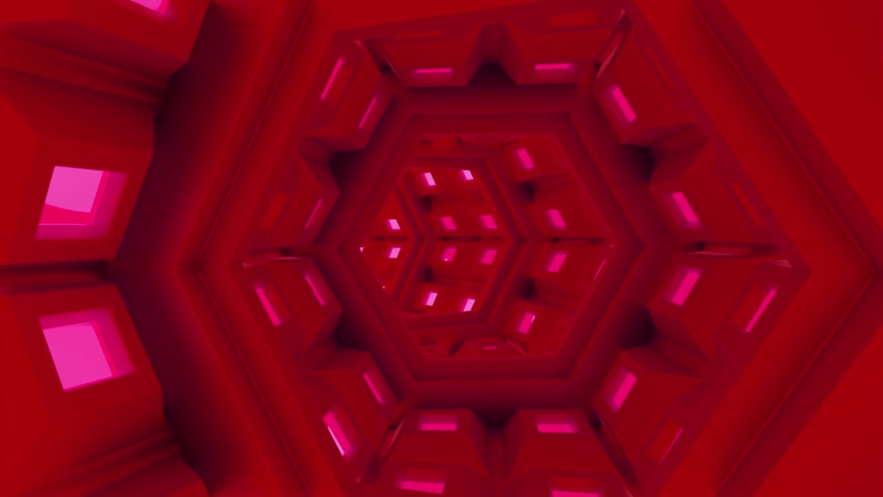 animación de bucle 3d con túnel de forma hexagonal o corredor de ciencia ficción. diseño. interior futurista con luces de neón y vuelo dinámico a través del túnel.