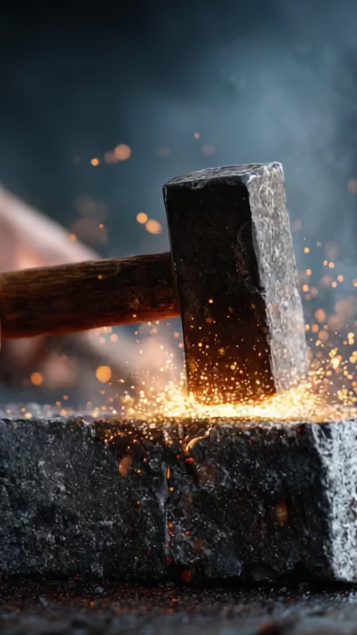 Un abile artigiano applica forza con un martello, sprigionando scintille quando il metallo incontra l'incudine, catturando l'arte della lavorazione del ferro in una dinamica dimostrazione di tecniche tradizionali.