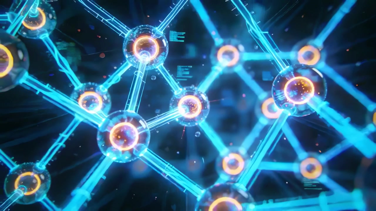 Pulling camera revealing 3D lattice pulsing orange cores with cyan rods and HUD in dark space