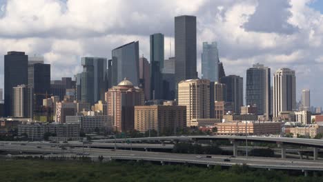 establishing high angle drone shot of downtown houston, texas