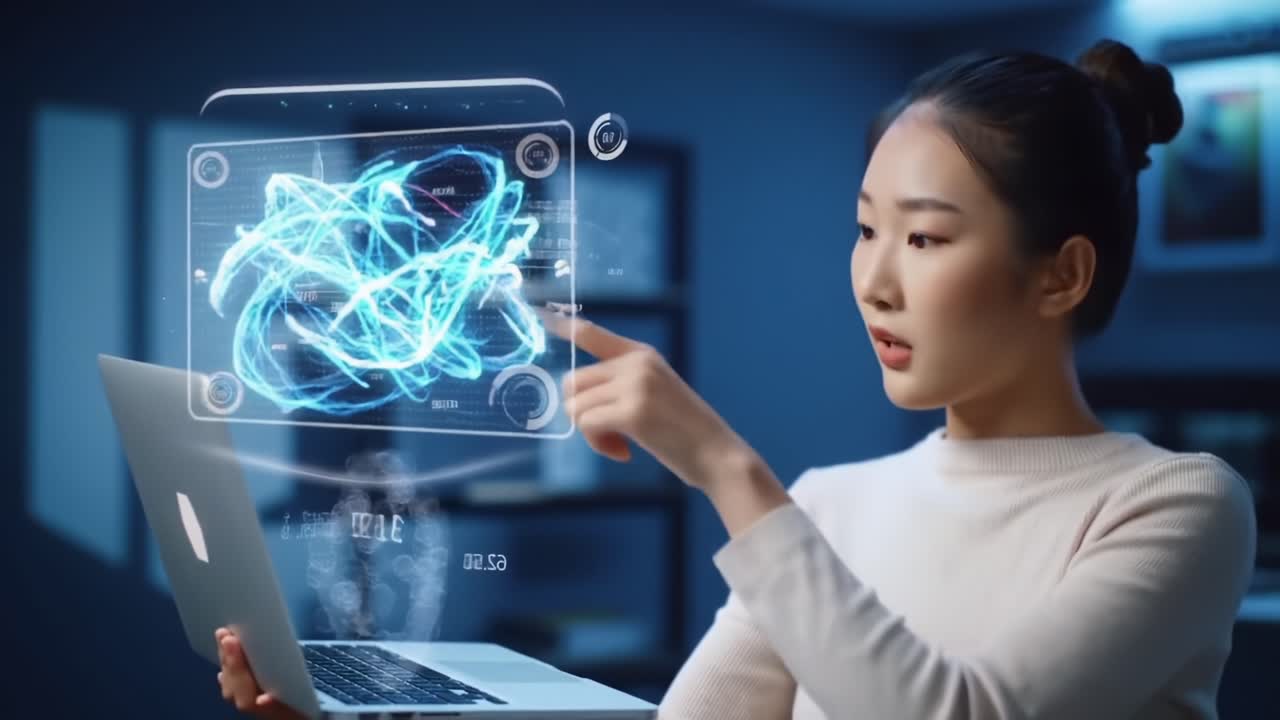 A Young Woman Engaging with Advanced Digital Technology While Interacting with a Laptop and Exploring Virtual Data Displays in a Modern Environment