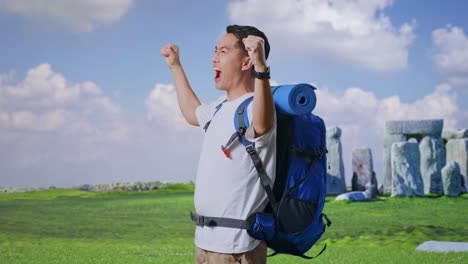 excited traveler at stonehenge