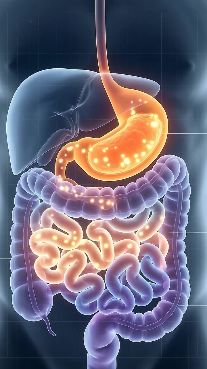 Animazione medica del processo del sistema digestivo umano