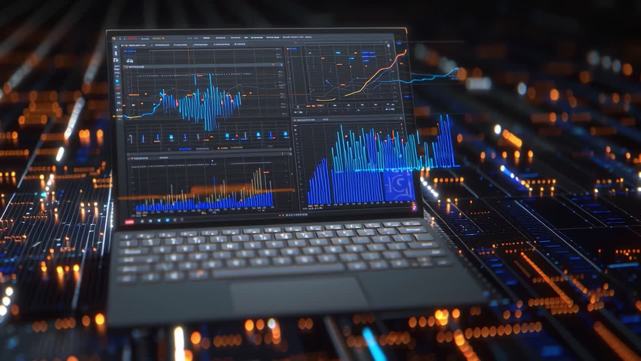 A Stunning Visualization of Data Analytics Displayed on a Modern Laptop, Showcasing Advanced Graphs and Charts Over a Futuristic Digital Background with Vibrant Colors