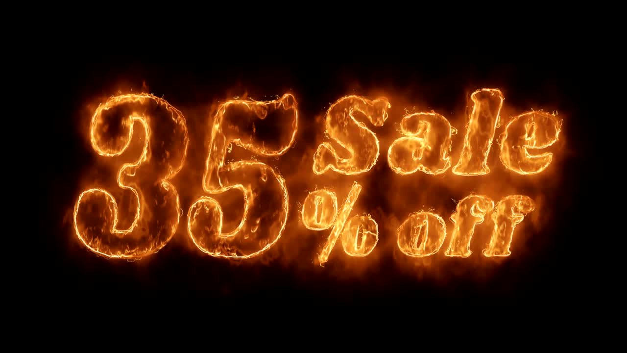 35% de descuento en la palabra animada caliente que quema el bucle de llamas de fuego realista.