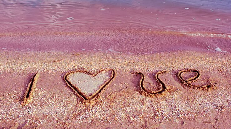 Inscriptie in zand. Ik hou van. Opname op het strand