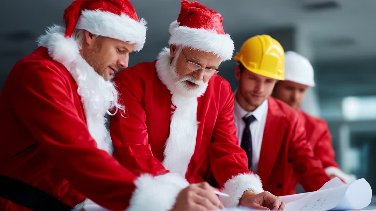 A group of festive workers dressed as Santa Claus collaborates on a project, showing enthusiasm and teamwork as they study construction plans and sketches, embodying holiday spirit and professionalism
