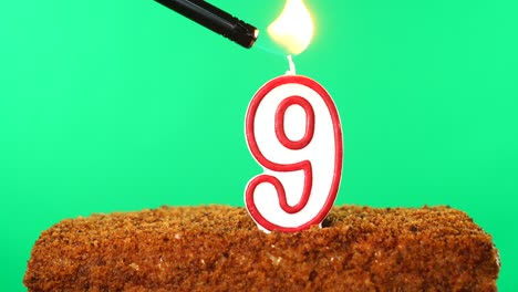 cake with the number 9 lighted candle. chroma key. green screen. isolated