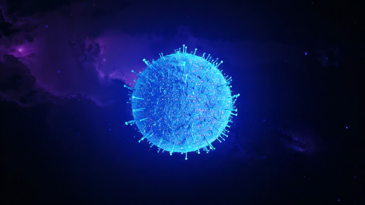 Floating glowing blue sphere rotating in cosmic space, with pulsing spikes and colored particles