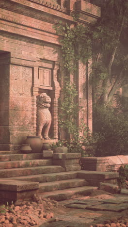 ancient stone temple with lion statue and stone steps