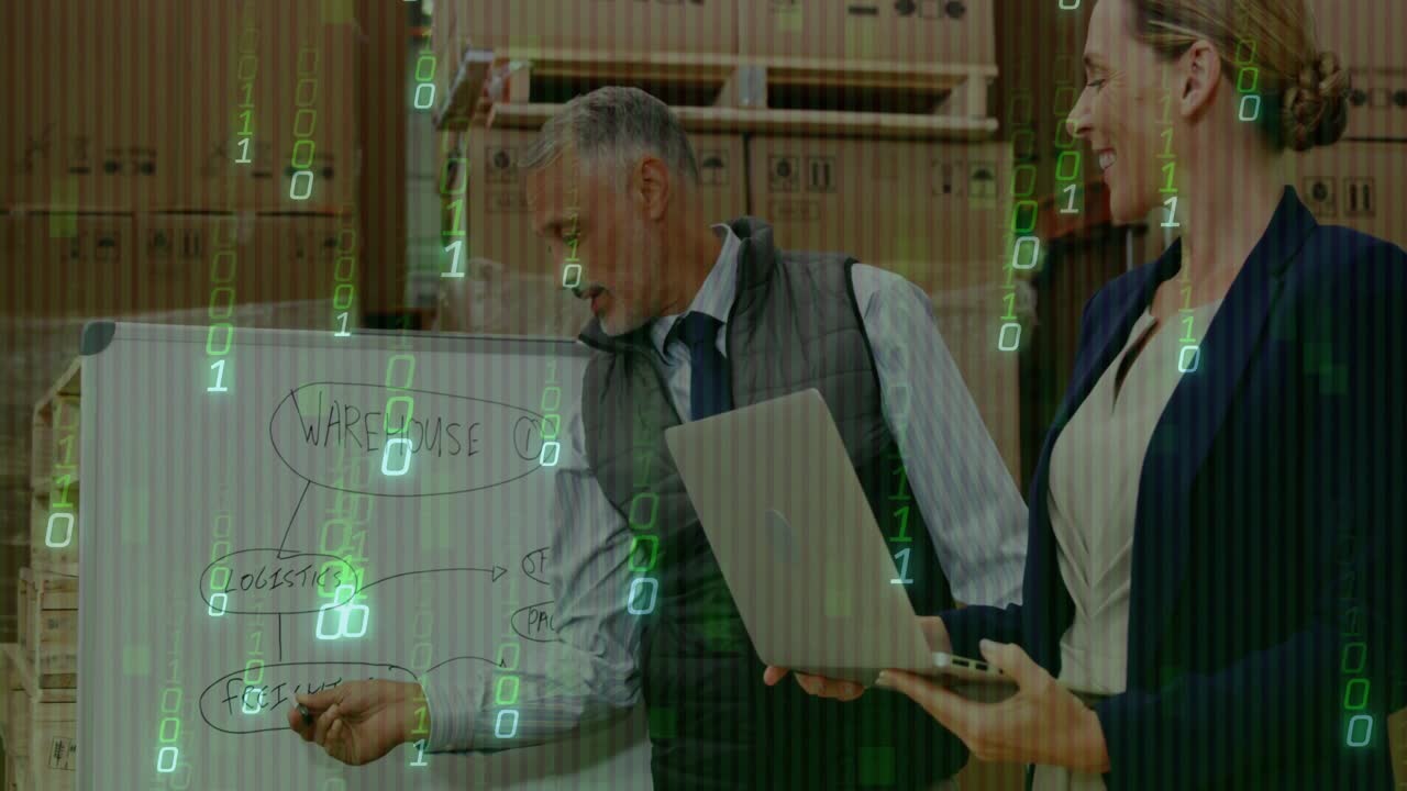 Manager gesturing at warehouse whiteboard explaining logistics as binary overlay guiding coworkers