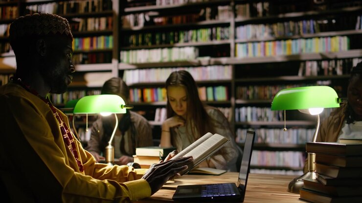 Profilo laterale di uno studente adulto di colore che digita su un laptop in una sala studio buia di una biblioteca.