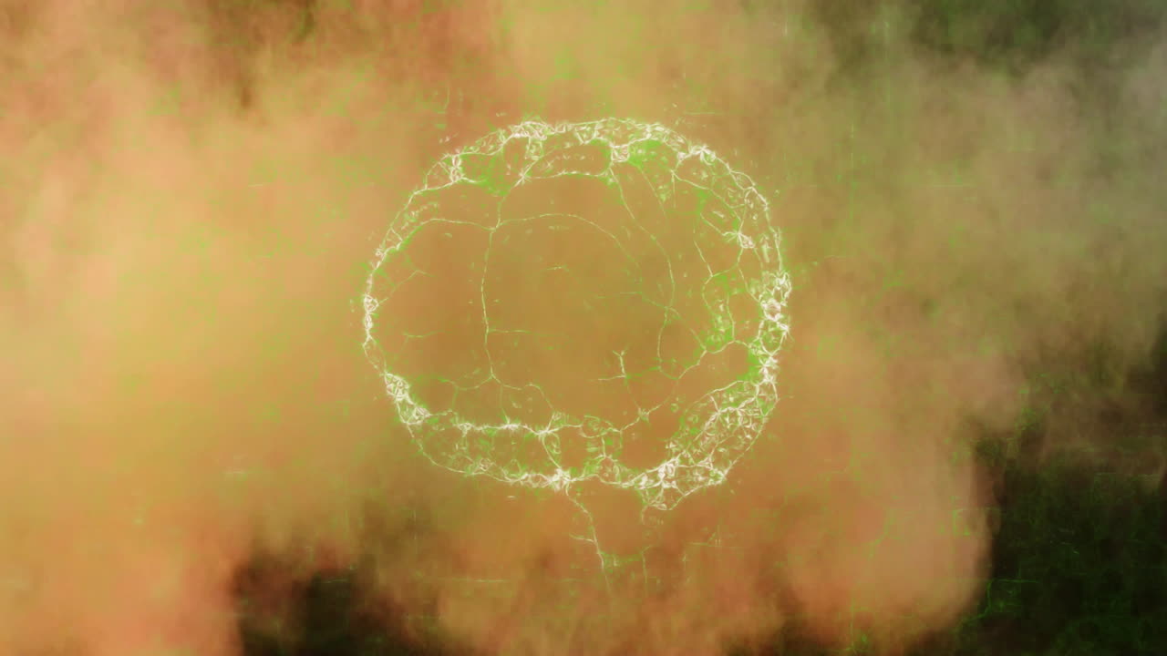 Neon-green wireframe sphere floating in smoky digital backdrop, showing glitch lines in 3D render