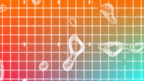 animation of white lines moving over a white grid in an orange, blue and pink background