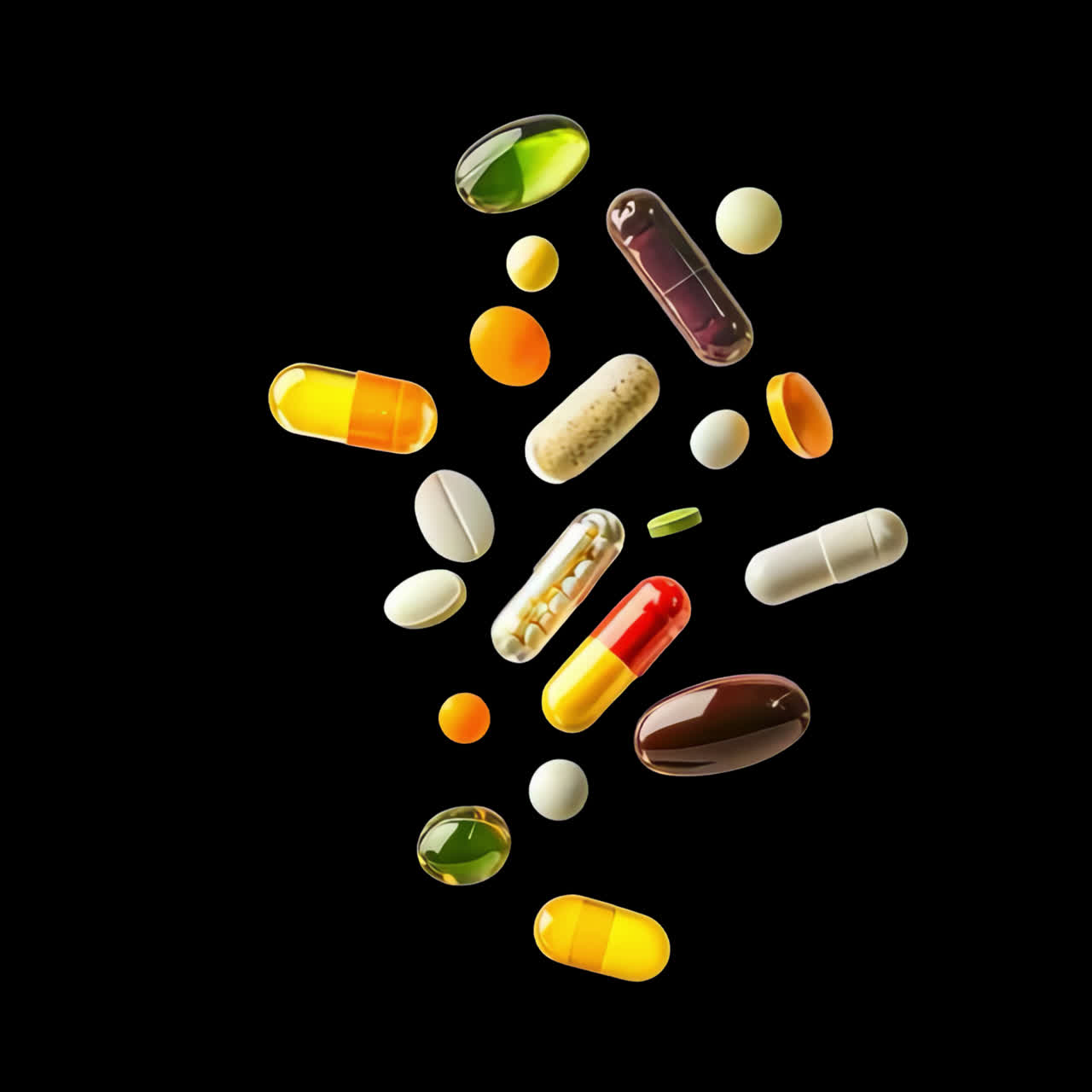 Colorful capsules floating midair animation isolated asset, transparent 4K video, alpha channel
