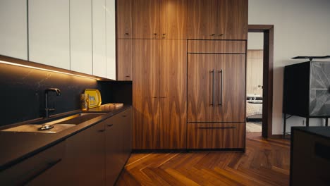 en el tiro de empuje dentro de una cocina moderna de tono oscuro con grandes gabinetes de madera y electrodomésticos