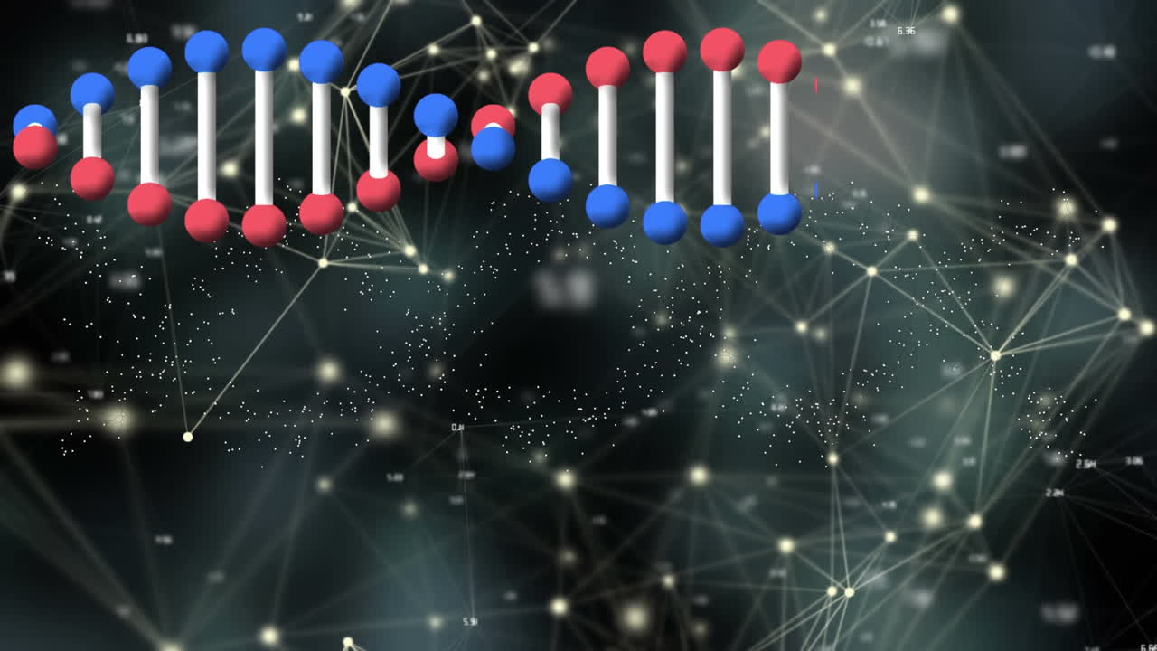 Animation of dna chain over network of connections on black background