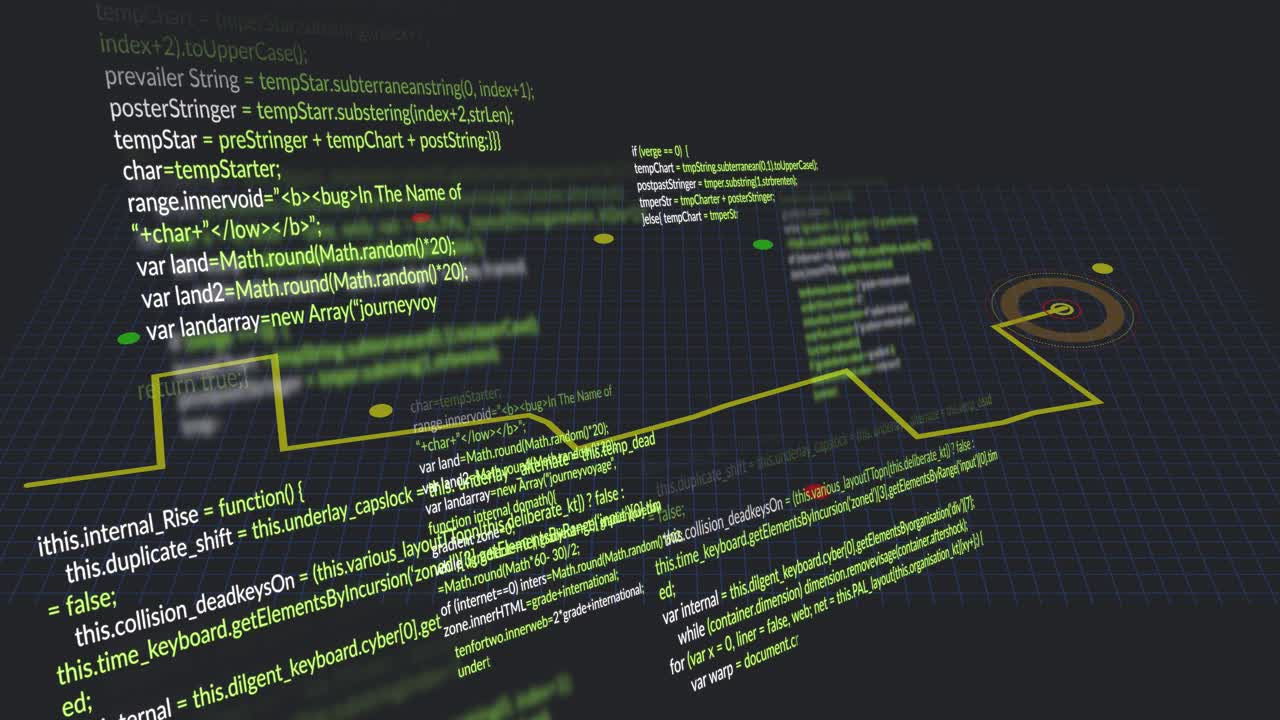 Camera dollying forward, code panels rotating and yellow path drawing nodes to visualize data flow