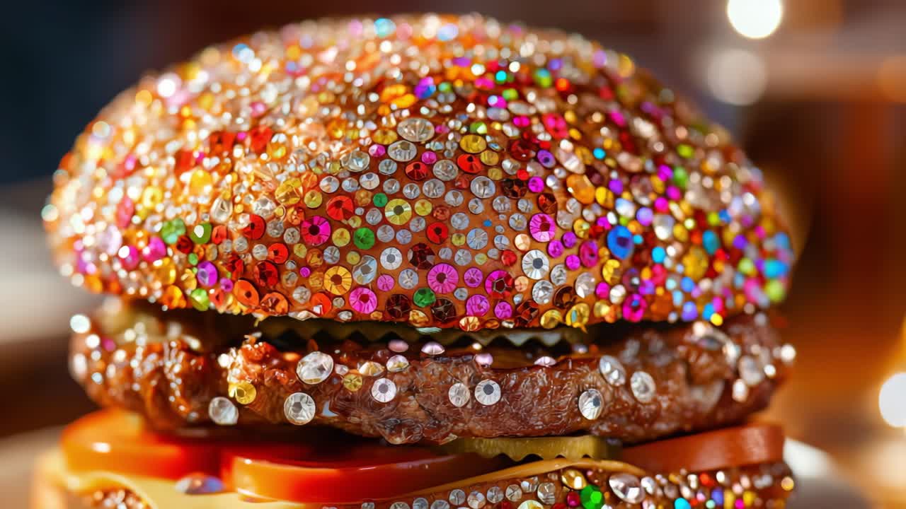 Gourmet hamburger sparkling with rhinestones, topped with melting cheese, fresh tomato, crisp salad, sitting on rustic wooden surface, blurred background