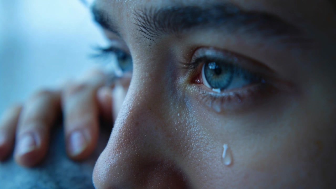 Tear forming on eye causing teen shedding tear trail, leaning into shoulder by window, hand resting