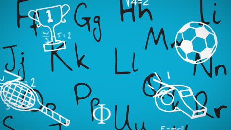 animación de letras e iconos en fondo azul