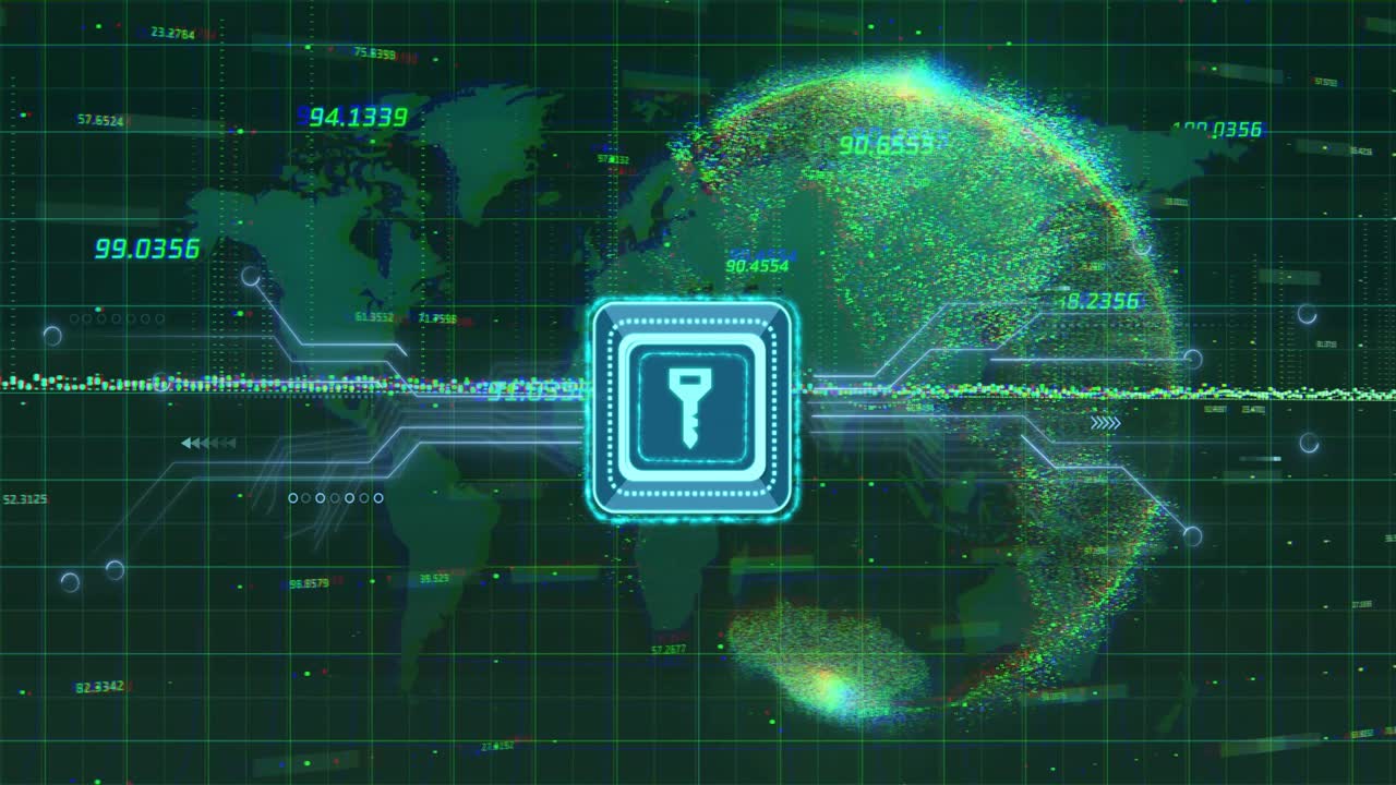 Digital key icon and data encryption animation over world map and globe