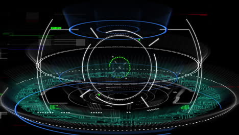 Animation of circuitboard with rotating safe lock and data processing, on black