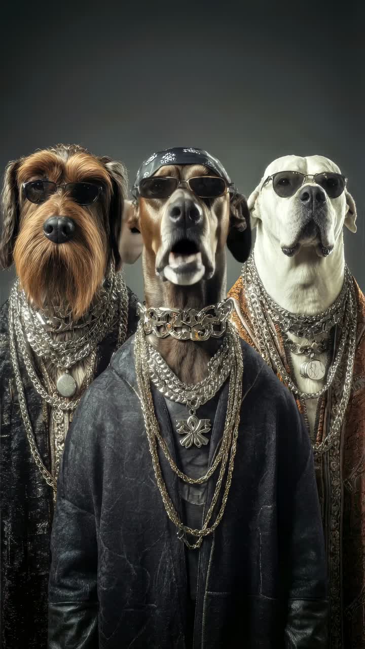 Três filhotes exibem joias e atitude como artistas de hip hop em cena de estúdio.