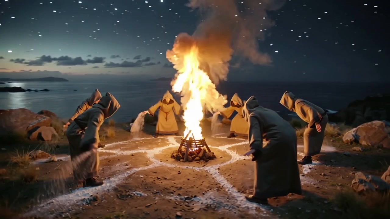 Figuras encapuzadas se espalhando, desenhando linhas de giz e acendendo uma fogueira na margem para um ritual.