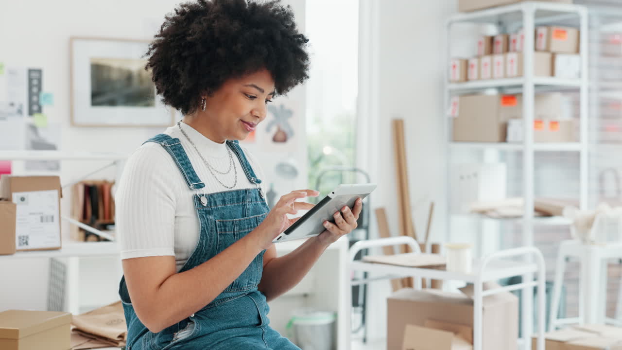 Woman working on a tablet in a small business office
