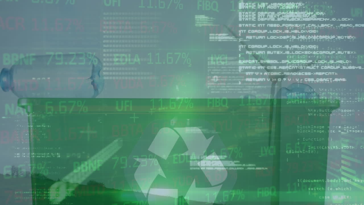 풍력 터빈과 재활용 상자에 대한 금융 데이터 처리의 애니메이션