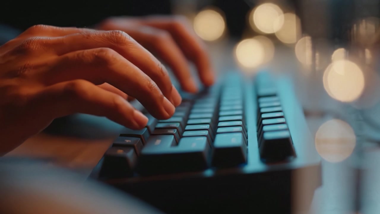 Close-up of hands typing on a sleek keyboard, illuminated by soft bokeh lights creating a cozy and focused atmosphere perfect for productivity and creativity.